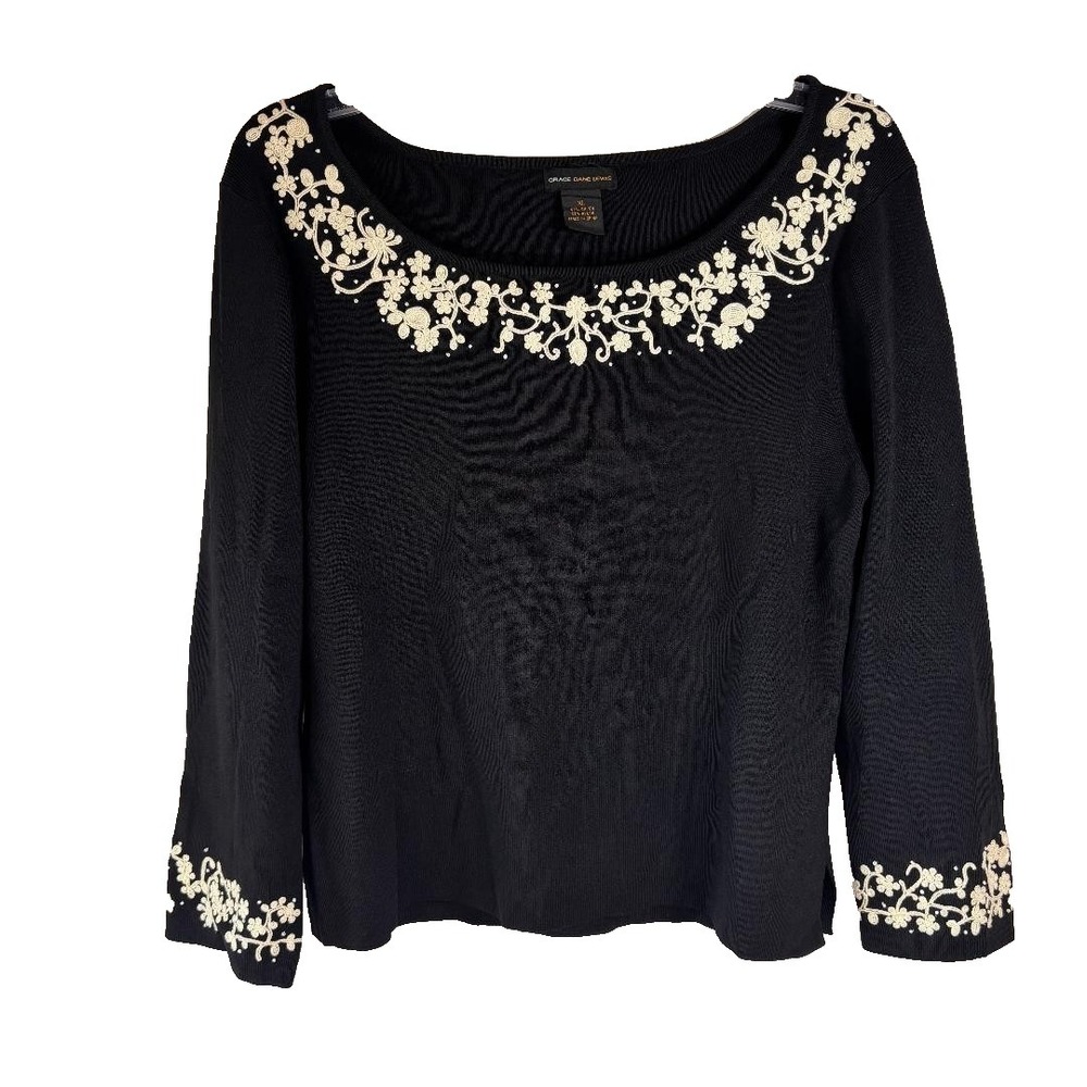 Grace Dane Lewis Blouse Black w/embroidered Floral design‎ Women's Size XL